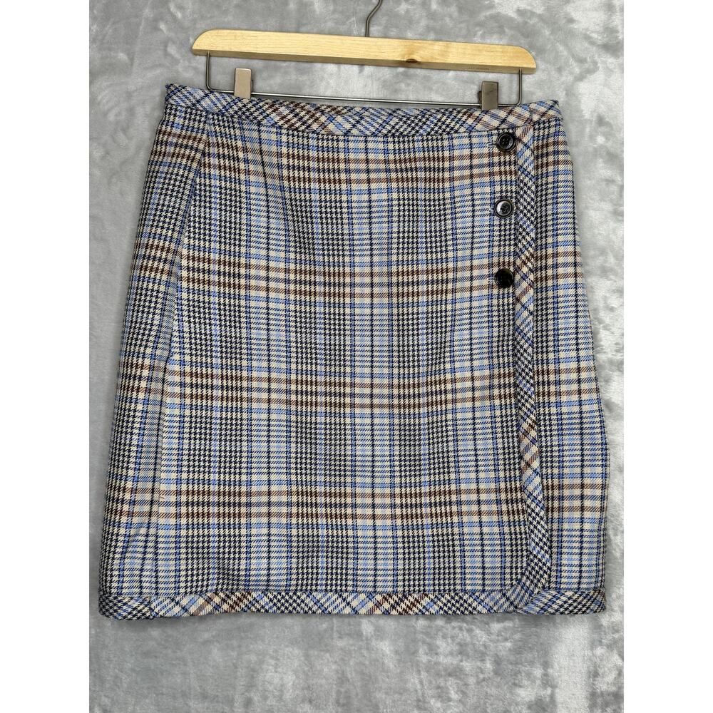 Talbots Skirt Womens 6 Blue Plaid Tweed Wrap Button Lined Knee Length Career